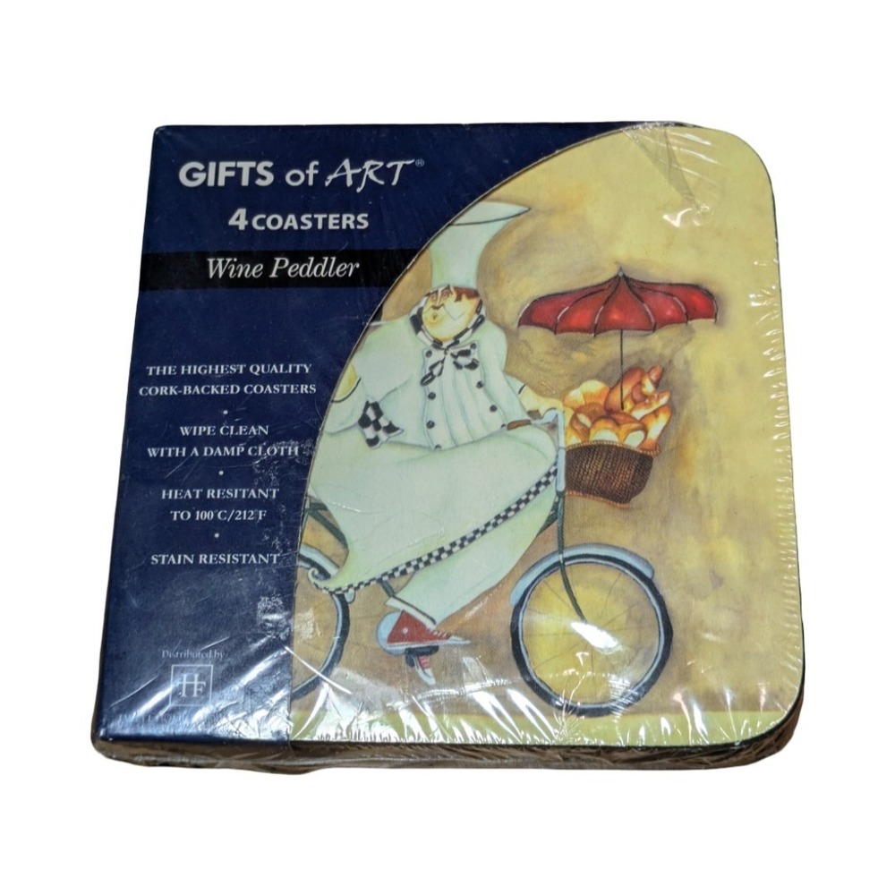 Jennifer Garant "Wine Peddler" cork-backed coasters  "fat chef" Set Of 4